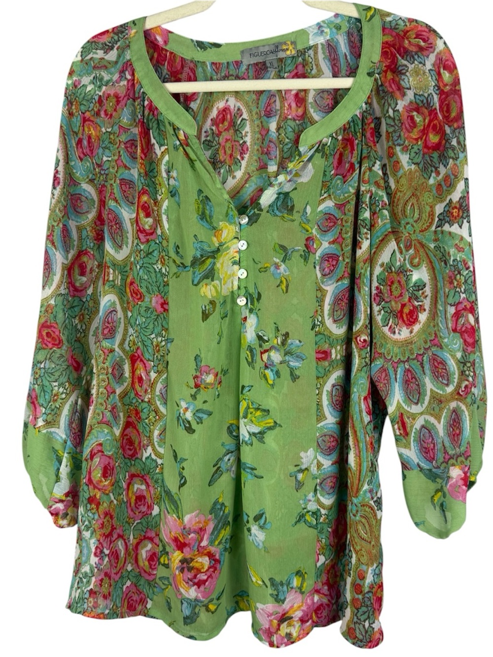 FIGUEROA & FLOWER Floral Paisley Chiffon Blouse XL Green Boho Henley 3/4 Sleeve